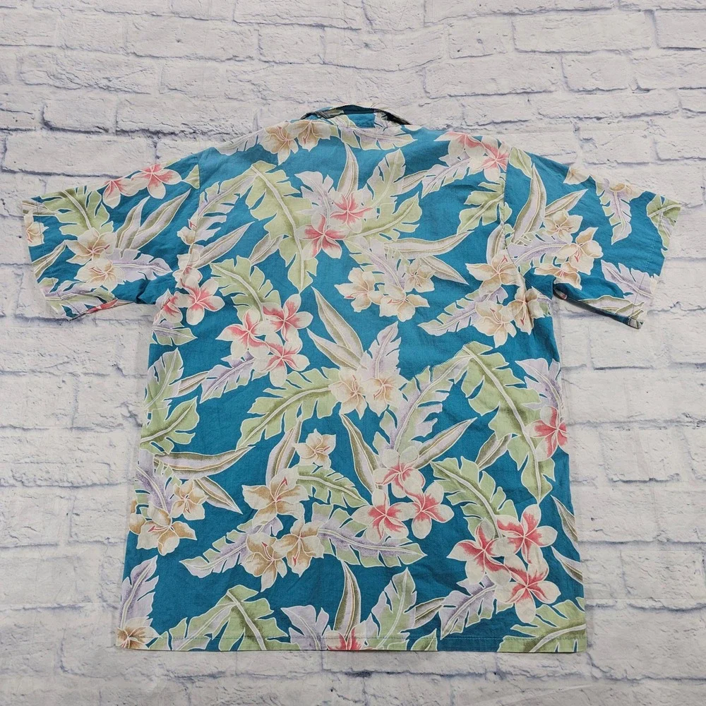 Barefoot in Paradise Button Shirt MENS M Teal Floral Hawaiian Cotton USA VTG